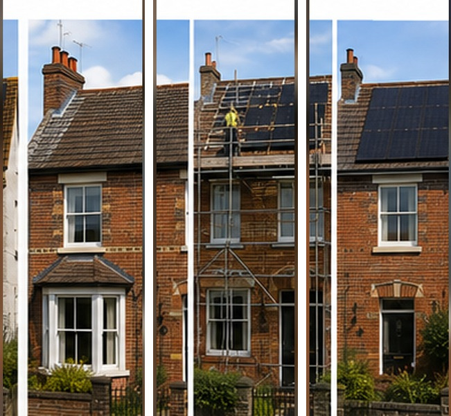 Illustrative example of a solar installation on a Derby home, before, during and after